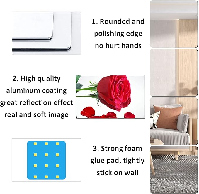 DARENYI 6Pcs Acrylic Mirror Tiles, 8'' x 8'' x 0.07'' Mirror Sheets for Walls Decor, Self-Adhesive Mirror Stickers, Square Mirror Trays Plates for Tables Centerpieces Wedding