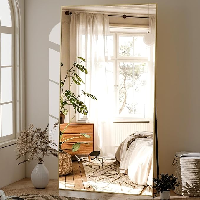 GLSLAND 71"x31" Full Length Mirror Extra Large Hanging or Leaning Rectangle Mirror Aluminum Alloy Thin Frame Bedroom Floor Dressing,Gold