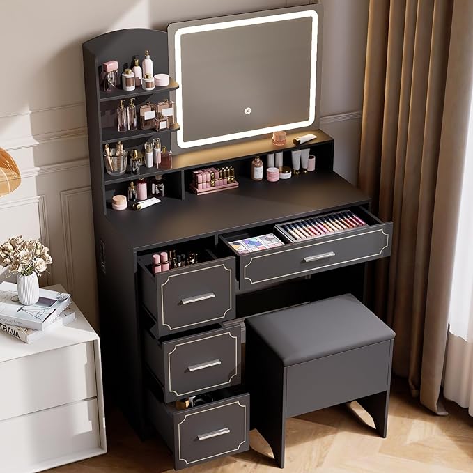 Vanity Table with LED Mirror & Power Outlet - 5 Open Shelves, 4 Drawers - Includes Padded Stool - Ideal Bedroom Makeup Dressing Table （Black）