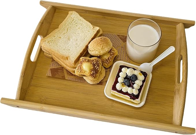 Bamboo Serving Tray Rectangle Platter Breakfast Dinner Food Bed Tray for Eating Kitchen Restaurants (1, 17.3" x 11.8" x 1.2" (with Handle))