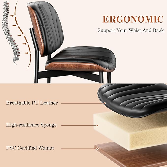 Dining Chairs Set of 4, Mid-Century Modern Upholstered PU Leather Chairs with Walnut Bentwood Back and Metal Legs Adjustable Feet for Kitchen Dining Room, Black Shell Strips