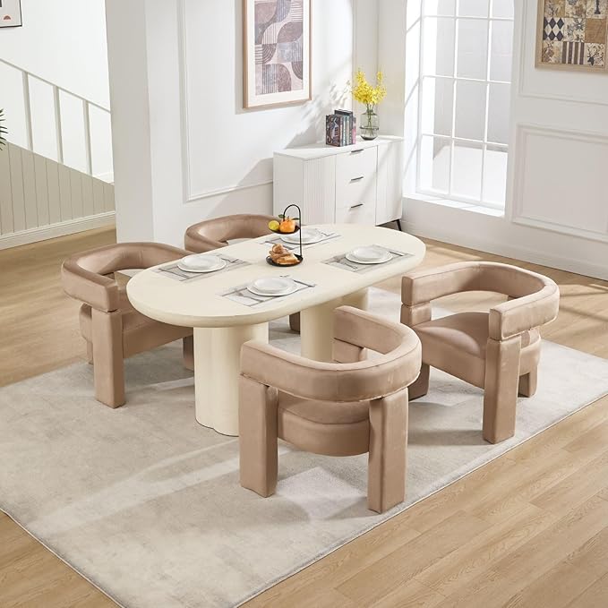 Khaki Dining Chairs Set of 6, Upholstered Velvet Barrel Chairs with Arms Comfy Side Chairs for Living Room/Dining Room/Reception