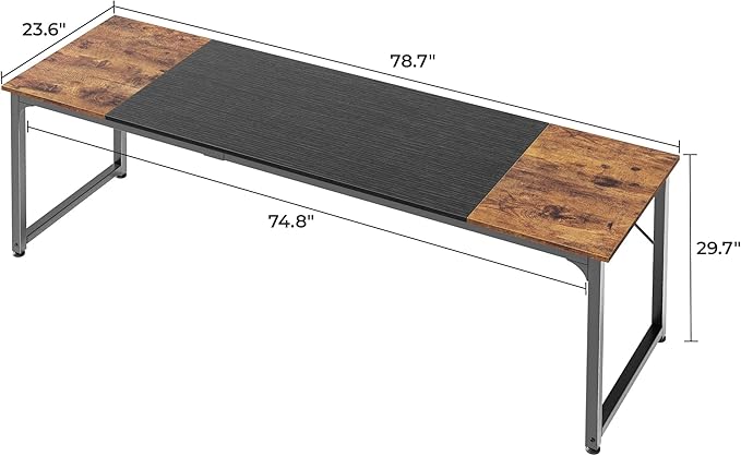 Huuger 78.7 Inch Office Computer Desk with Storage, Writing Work Desk for Home Office, Study, Gaming, Long Simple Desk, Large Legroom, Metal Frame, Rustic Brown and Black