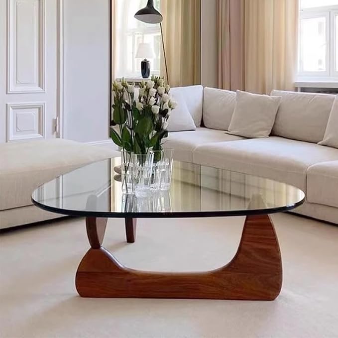 EASYSOUL Modern Glass Coffee Table, 44.88" D x 32.28" W x 15.75" H, Abstract Round Tea Tables for Living Room Home Office Industrial Cocktail Tables (Walnut-Clear Glass, 44.88")