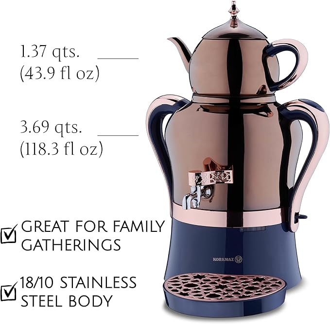 Korkmaz Hanedan A843-05 Stainless Steel Samovar, Upper Pot 1.3 L (43.9 Oz), Bottom Pot 3.5 L (118.3 Oz) Electric Turkish Tea Maker Set, Double Pots Tea Machine, Rosegold, 110 V US Plug, 5.1- Quart