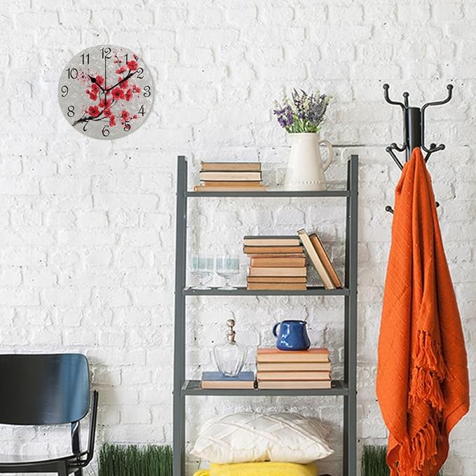 Wall Clock Retro Red Cherry Blossom Silent Non-Ticking Decorative Round Wall Clocks Battery Operated for Office Home Living Room Kitchen Bedroom 10 Inch