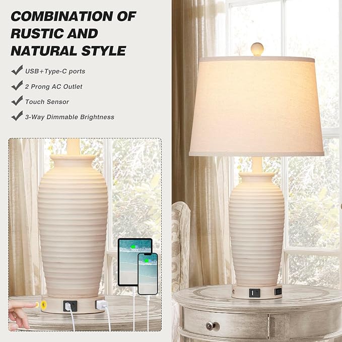 24.3" Farmhouse Jar Table Lamps Set of 2, 3 Way Touch Control Rustic Bedside Lamps with USB A+C Ports & AC Outlet, Pot Nightstand Lamps for Bedroom Living Room (LED Bulbs Included)