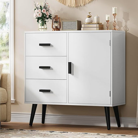 Iwell Storage Cabinet with 3 Drawers, Sideboard Buffet Cabinet with Adjustable Shelf, Freestanding Floor Storage Unit for Living Room, Entryway, Home Office, White
