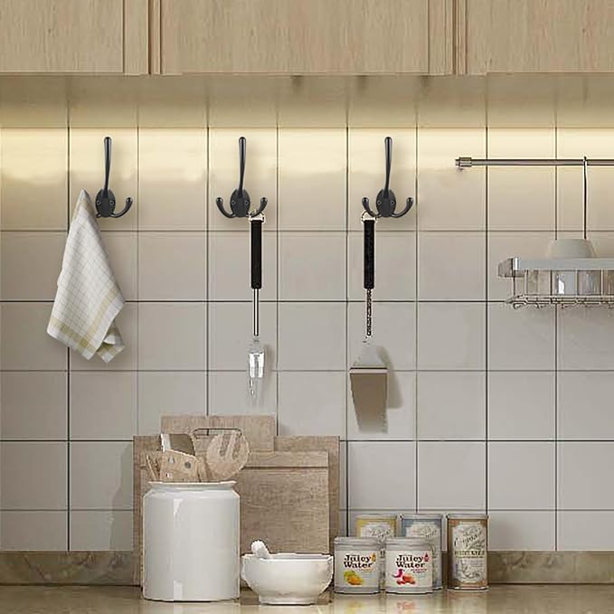 IBosins 6 Pack Big Heavy Duty Three Prongs Coat Hooks Wall Mounted with 24 Screws (Two Types of Screws Included) Retro Double Utility Rustic Hooks for Thick Coat, Big Heavy Bags (6 Pack)