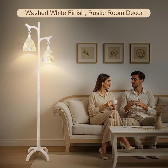 68" Washed White Rustic Floor Lamp with Soft Pearl Shell Lamp Shade for Living Room, Standing Lamp for Bedroom, Farmhouse Floor Lamp Stepless Dimmable Tree Trunk Tall Lamp for Bedroom (Bulb Included)