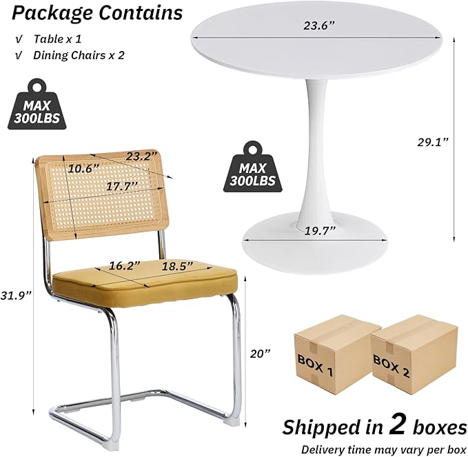 SoarFlash Kitchen Table and Chairs for 2, 24" Dining Table Set for 2 with Velvet Upholstered Chairs, 3 Piece Round Kitchen Table Set, Dining Room Table Set for Small Space, Apartment