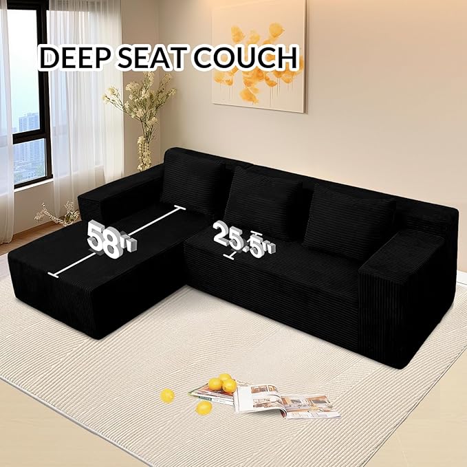 ANONER 103" L-Shaped Cloud Couch with Chaise, Modular Sectional Corner Sofa with Deep Seat, Modern Minimalist Boneless Couch, Free Combination Couches for Apartment (Black)