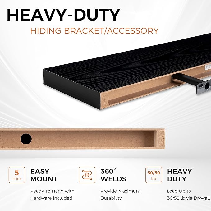 Fun Memories Floating Shelves for Wall, 22.5" Rustic Wood Deep Wall Mounted Shelves with Invisible Brackets for Decor & Storage, Floating Shelf for Living Room, Bathroom (Black, Set of 2)