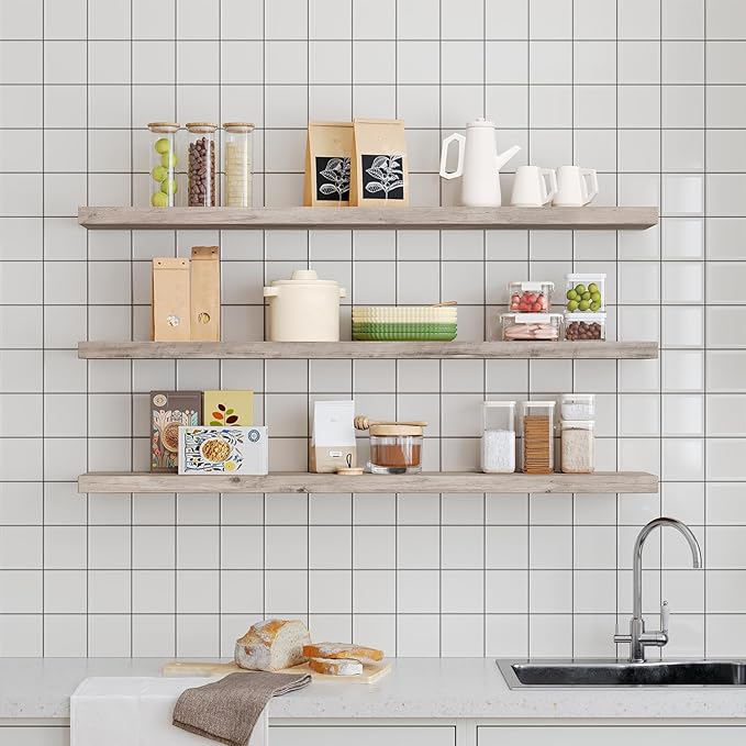 Floating Shelves for Wall, 1.5" Thick Wall Shelf Set of 3 with Invisible Brackets, L47.2 x W7.9 Hanging Book Shelves Farmhouse Home Decor for Bathroom, Living Room, Bedroom, Greige 12301BJP3BG