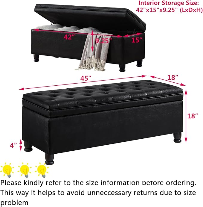 mikibama PU Leather Storage Bench for Bedroom End of Bed,45" Long Tufted Bed Bench with Storage,Modern Mid Century Storage Ottoman Bench for Window,Entryway,Living Room Solid Wood Legs (Black PU 45")
