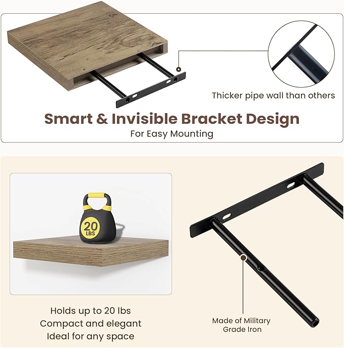 Fun Memories Floating Shelves for Wall - 9 Inch Square Shelves with Invisible Brackets, Small Wall Shelf for Living Room, Bathroom, Bedroom, and Kitchen Decor，Set of 3