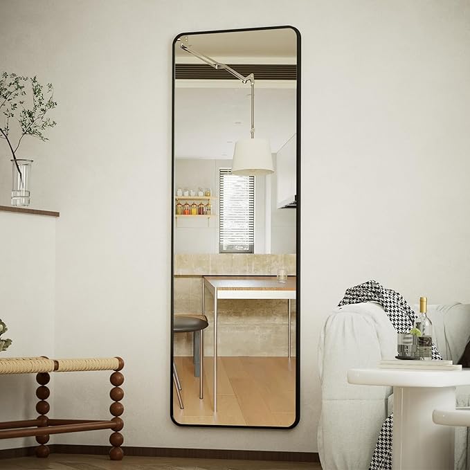 BEAUTYPEAK 14"x48" Full Length Over The Door Mirror, Aluminum Alloy Frame Full Body Mirror with Height-Adjustable Hangers, Hanging Mirrors for Bedroom, Living Room, Bathroom, Black