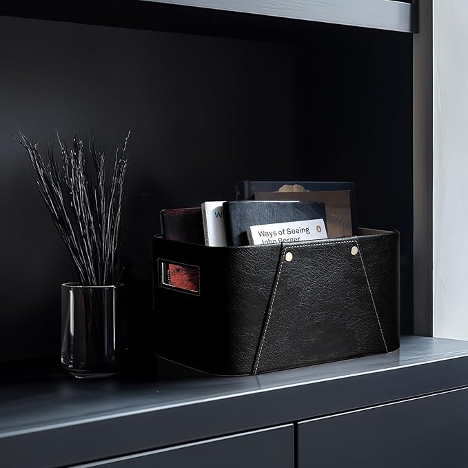 La Jolie Maison Storage Baskets for Organizing, 2 Pack, Luxury Vegan Leather Storage Cube Boxes for Closet Shelf Cabinet Bookcase, Carbon Black