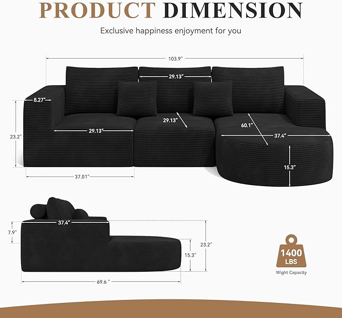 Modular Sectional Sofa with L-Shape Chaise,Cloud Sectional Modern Sleeper Couch with Deep Seat,Sponge Compression Sofas No Assembly Required(Black-Corduroy Fabric) 1PCS