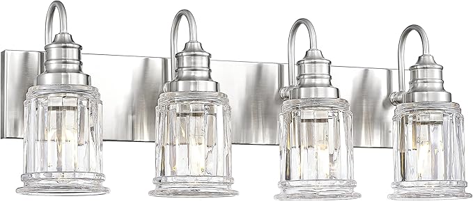 Brushed Nickel Bathroom Light, HWH 4-Light Vanity Lights for Bathroom Vanity Sconce Over Mirror, Wall Mounted Light Fixtures with Bell-Shaped Striped Glass, 5HZG106B-4W BN