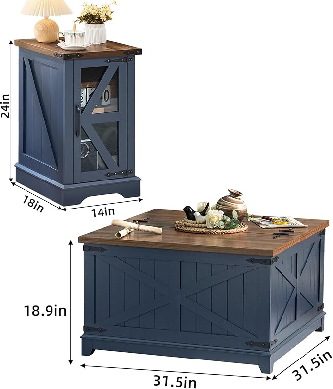 Farmhouse Coffee Table Sets 2 Pieces, Narrow Night Stand with Glass Barn Door Storage, Large Coffee Tables with Hidden Storage Organizer, Wood Furniture Sets for Living Room, Office, Blue