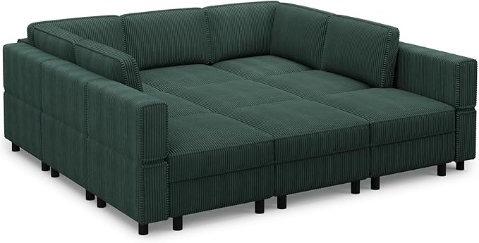 88.6" 9 Seat Modular Sectional Sofa with Deep Storage Seat,Corduroy Comfy Sectional Couch Convertible Modular Sleeper Sofa Couch with Movable Ottoman,Upholstered Couches for Living Room,Green