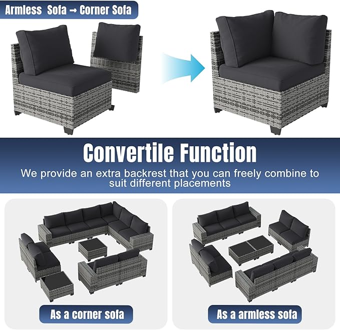 Aoxun 12 Pieces Patio Furniture Set Wicker Rattan Outdoor Sectional Conversation Set with Coffee Table and 4” Thickened Cushions, Gray Black (Waterproof Cover Included)