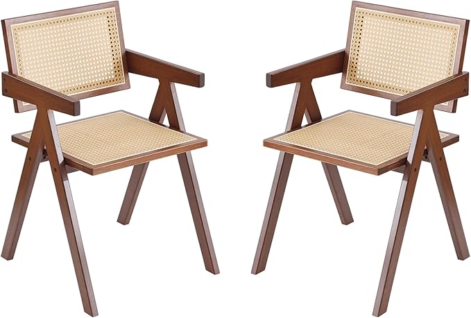 Tiita Rattan Dining Chairs Set of 2, Mid Century Modern Armchairs, Wooden Kitchen Chairs for Dining Room, Living Room, Walnut