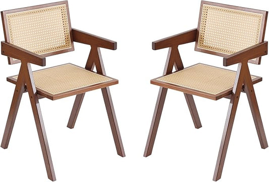 Tiita Rattan Dining Chairs Set of 2, Mid Century Modern Armchairs, Wooden Kitchen Chairs for Dining Room, Living Room, Walnut