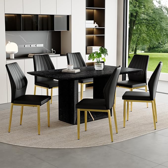 63" Modern Black Dining Table Set for 6 with Chairs, 7 Piece Rectangular Dining Room Table and 6 PU Leather Chairs, Kitchen Dining Set with Matte Wood Finish, Geometric Base, Easy Assembly