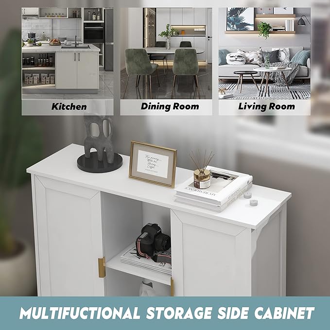 TaoHFE White Buffet Cabinet with Storage,Wooden Narrow Sideboard Entryway Cabinets,Modern White Cabinet with Doors Credenza