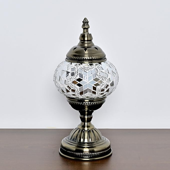Turkish Moroccan Table Lamp Lantern with Handmade Mosaic Glass Lampshade Tiffany Style Bohemian Stained Glass Decorative Desk Lamps Bedside Night Lights for Bedroom (White 2)