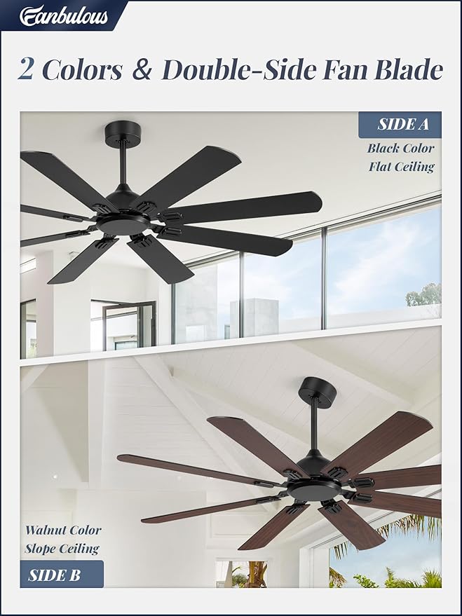Fanbulous 62 Inch Ceiling Fans No Light with Remote, Modern Ceiling Fan Without Light, Dual Finish 8 Blades, Reversible Quiet DC Motor, 6 Speed, Large Ceiling Fan for Indoor or Covered Outdoor, Black