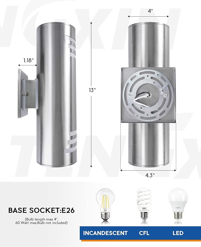 TENGXIN Outdoor Wall Lights,Exterior Wall Light Fixture with Stainless Steel Cylinder,Waterproof.