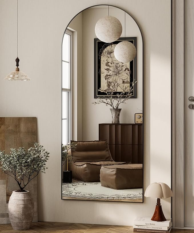 HARRITPURE 64"x21" Arched Full Length Mirror Free Standing Leaning Wall-Mounted Mirror Aluminum Frame Modern Mirrors for Living Room Bedroom Cloakroom, Black