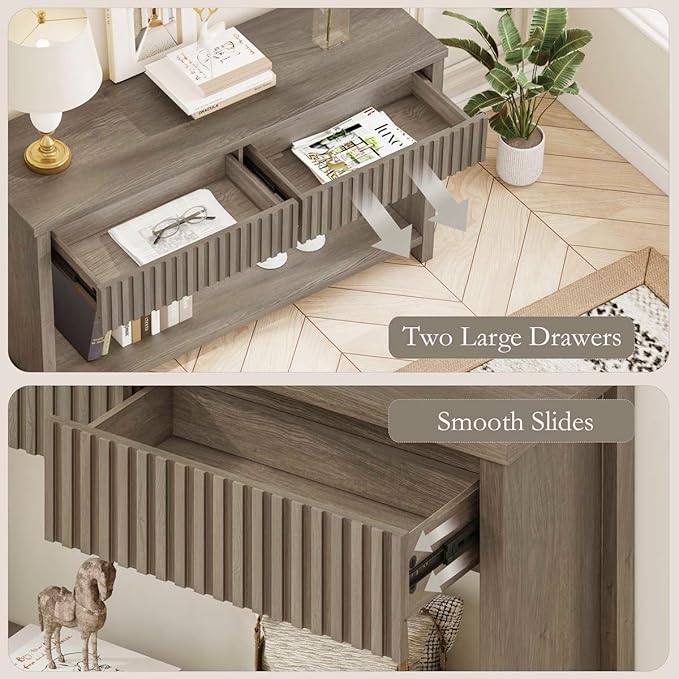 BON AUGURE Console Table with Storage, Entryway Table with Drawers, 47In Couch Tables Behind Sofa, Sofa Tables with Two-Tier Shelf for Living Room, Hallway, Front Door, Greige Oak