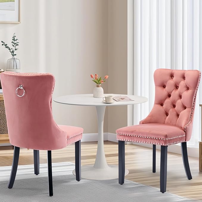 SoarFlash Kitchen Table and Chairs for 2, 31.5" Dining Table Set for 2 with Velvet Upholstered Chairs, 3 Piece Round Kitchen Table Set, Dining Room Table Set for Small Space, Apartment, Pink/White