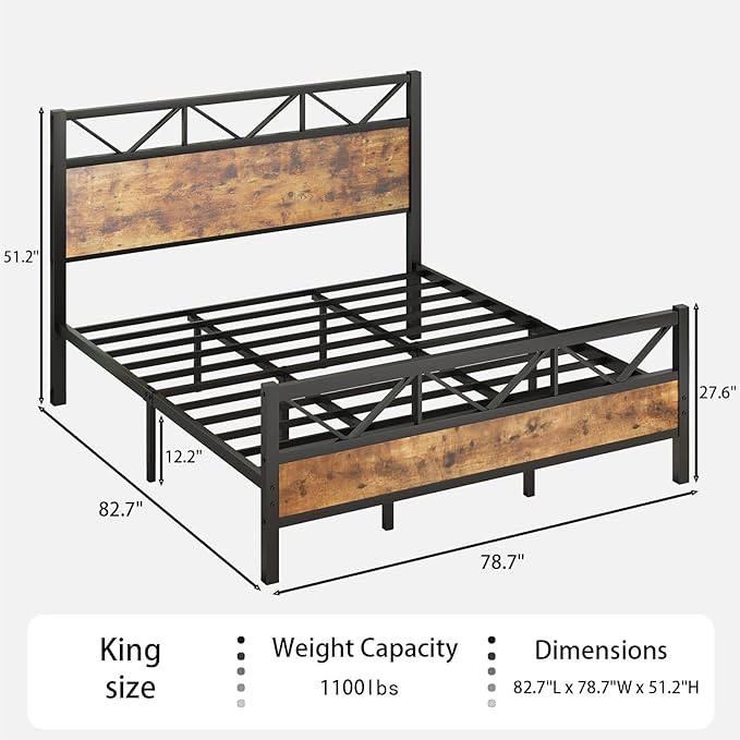 King Size Bed Frame, 51.2" Tall Industrial Headboard, King Platform Bed Frame with Strong Steel Slats Support, Noise Free, No Box Spring Needed, Easy Assembly, Rustic Brown
