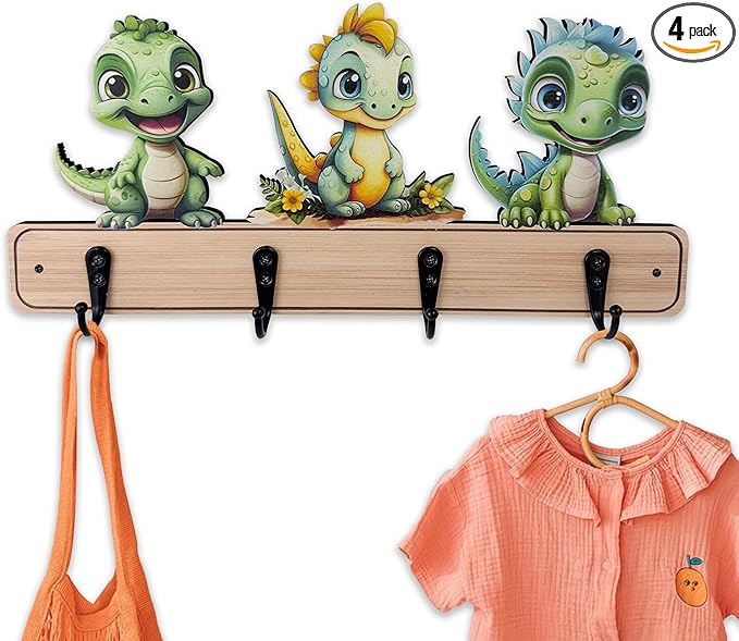 Dog Leash Holder for Wall Mount, Farmhouse Wooden Dog Claw Hooks, Paws Key Rack Accessories for Rustic Home Decor (Dinosaur)