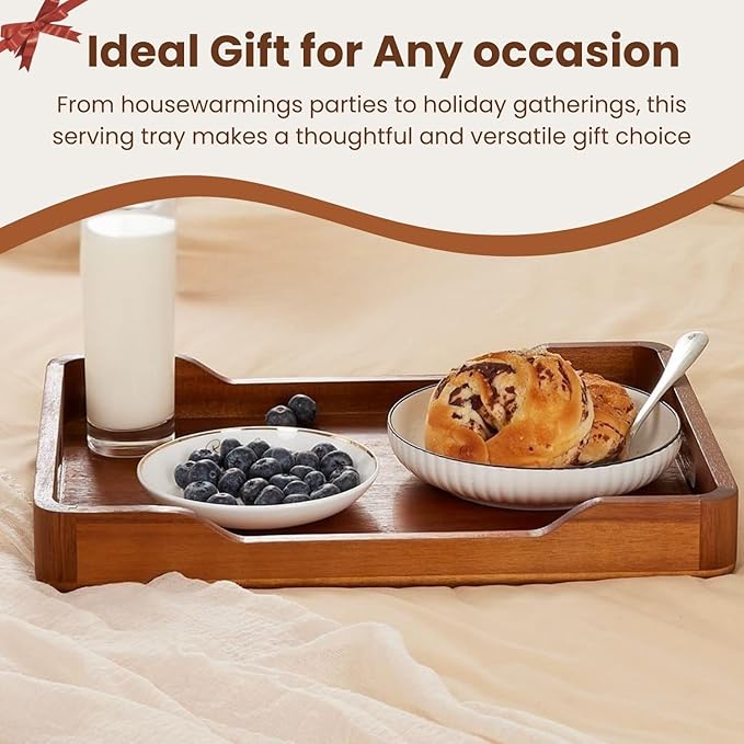 Acacia Wood Serving Tray with Handles, 18x13in Food Drinks Tray for Coffee Table, Breakfast, Dinner & Bar, Rustic Decorative Storage Tray for Ottoman, Kitchen, House Warming Gifts New Home