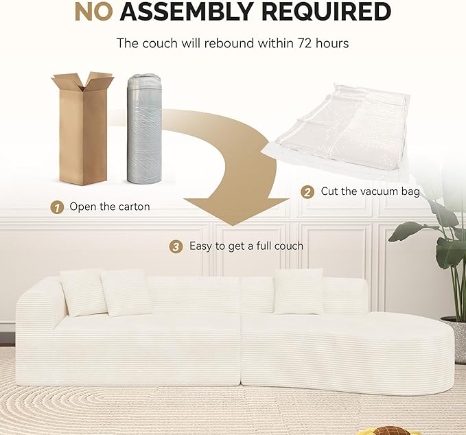 128" Oversized Modern Curved Sofa,Boneless Cloud Sectional Couch with Deep Seat,No Assembly Required Corduroy Couches for Living Room,Beige,1 PCS