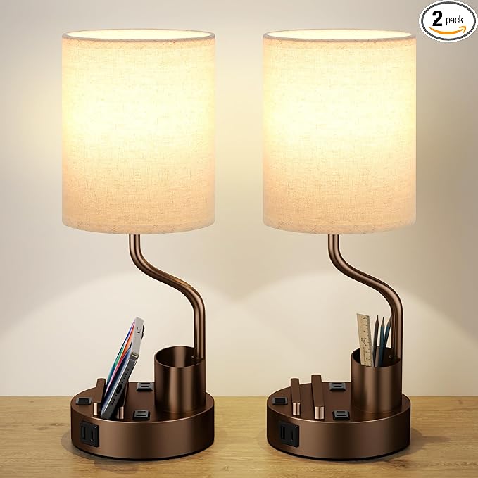 Bedside Table Lamps for Bedroom Set of 2 - Beige Nightstand Lamp with AC Outlet Charging Port and USB A C, 3 Color Temperatures, Included Phone & Pen Holder, Brown Night Stand Lamps for Guest Room
