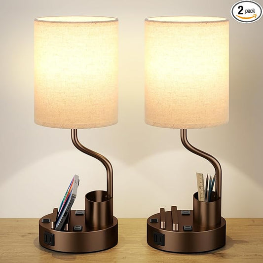Bedside Table Lamps for Bedroom Set of 2 - Beige Nightstand Lamp with AC Outlet Charging Port and USB A C, 3 Color Temperatures, Included Phone & Pen Holder, Brown Night Stand Lamps for Guest Room