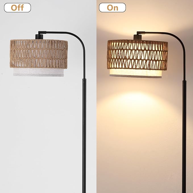 Arc Floor Lamp for Living Room，Boho Standing Lamp with Rattan & Fabric Shades,Farmhouse Floor Lamps with Foot Switch，Adjustable Tall Lamp for Bedroom, Office,LED Bulb Included