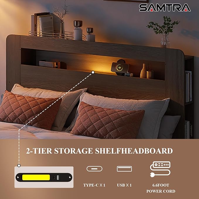 Wooden Bed Frame Full Size with Storage Headboard - Farmhouse Platform Bed Frame with Bookcase Shelf & Led Lights, Sturdy Wood Slat Framework Bed Frame (Light Brown LED)