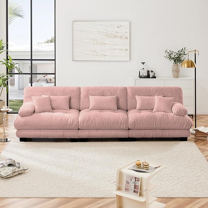 133.8" Oversized Couch, 3 Seater Modular Sectional Sofa, Pink Large Fluffy Chenille Cloud Couch with 5 Pillows, Deep Seat Sofas for Living Room