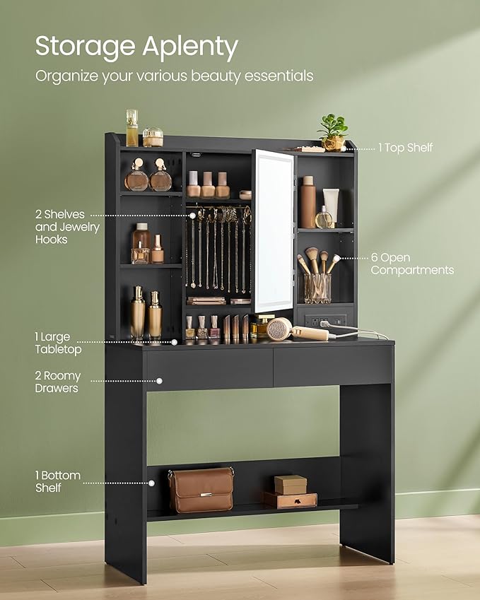 VASAGLE KAILYN Collection - Vanity Desk with Power Outlets, Makeup Vanity with Mirror and Lights, Upholstered Vanity Stool, LED Lights, 6 Compartments, 2 Drawers, for Bedroom, Ink Black URDT031B01