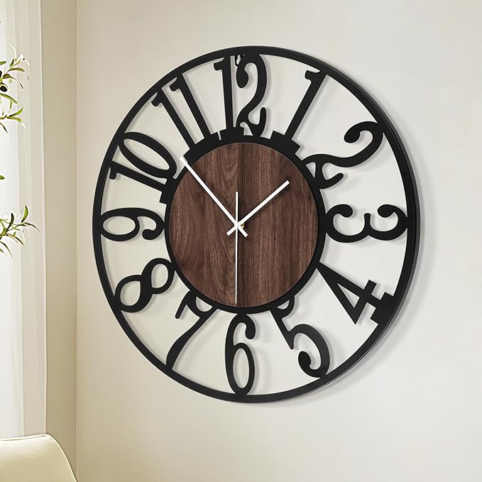 1st owned Large Wall Clock for Living Room Decor- 24" Decorative Antique Silent Non Ticking,Battery Operated,Black Metal,Wood Clocks for Farmhouse,Dining Room,Bedroom,Kitchen - Arabic Numerals
