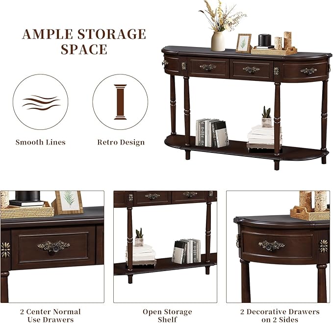HMFULE Retro Curved Console Table, 52" Half Moon Console Table Sofa Table Entryway Table with 2 Drawers 1 Open Shelf Solid Pine Legs for Living Room,Entryway,Hallway,Espresso