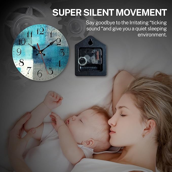 ArtSocket Turquoise Wooden Wall Clock Silent Non-Ticking, Green Blue Grey Teal Aqua Abstract Painting Gray Round Wall Clock Decor for Home Kitchen Living Room Office, Battery Operated 12 Inch